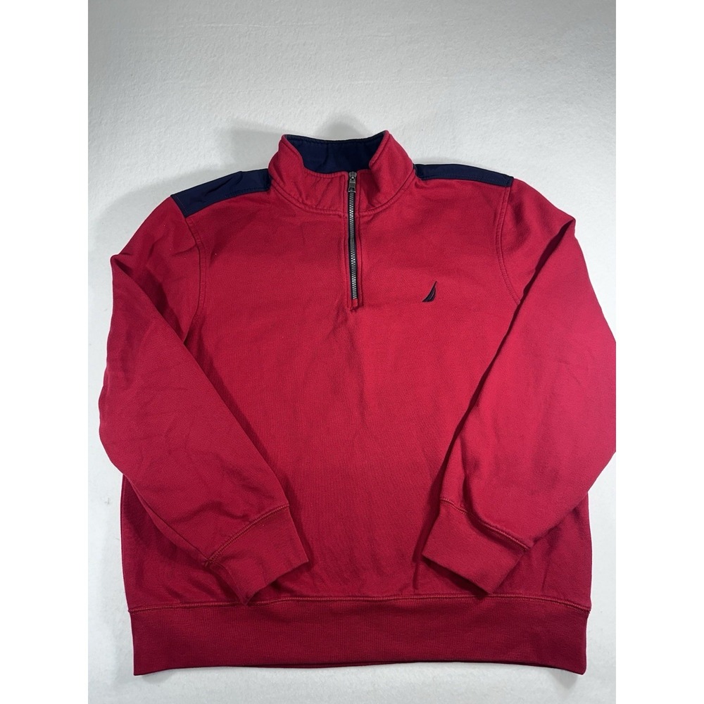 Nautica Men's XL Quarter Zip Pullover Sweatshirt Red Navy Blue Fleece Mock Neck
